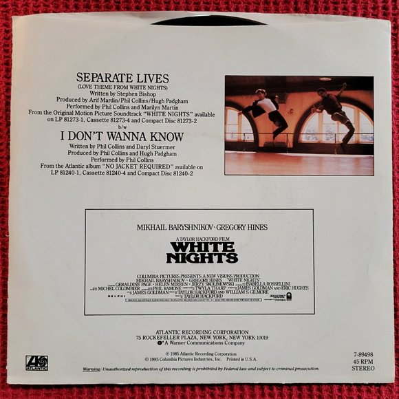 VINYL COLLECTORS -> Phil Collins - RARE Promo Copy 45RPM - Separate Lives - Picture 2 of 4